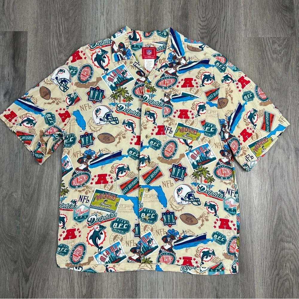 Miami Dolphins NFL Shirt‎ Mens M Beige Hawaiian Print Button Up Football AOP VF